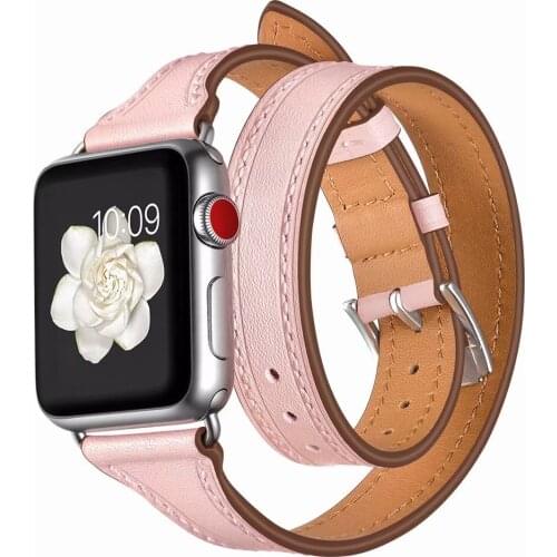 Popular Double Tour Leather Band for Apple Watch Strap 42mm 38mm Extra-long Loop Wristband for iWatch 40mm 44mm SE 6 5 4 3 2 1