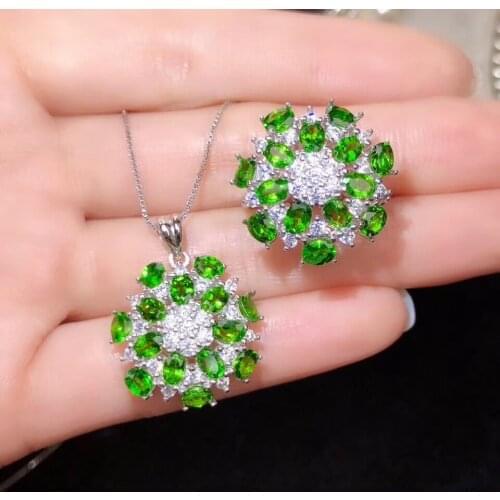 Fashion charming clear green Diopside gemstone ring and necklace jewelry set with silver for women