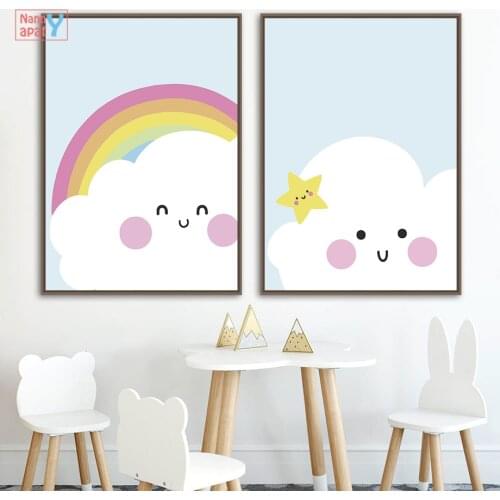 Cartoon Nursery Wall Art Canvas Painting Cute Star Moon Cloud Rainbow Nordic Posters And Prints Wall Picture Baby Kid Room Decor