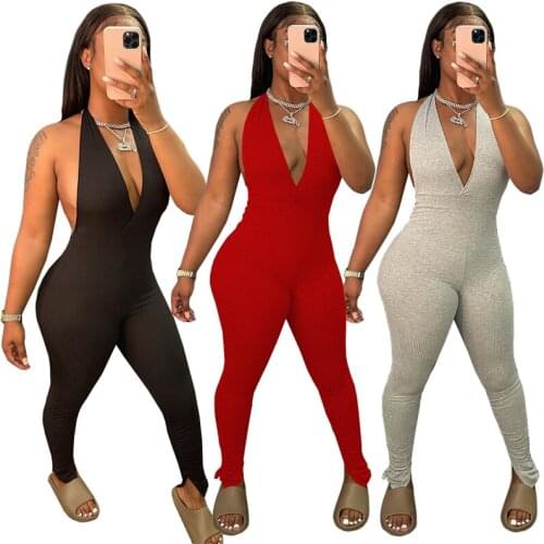 New Sexy Ladies Bodycon Rompers Halter Backless Ribbed Summer Women Stacked Jumpsuits