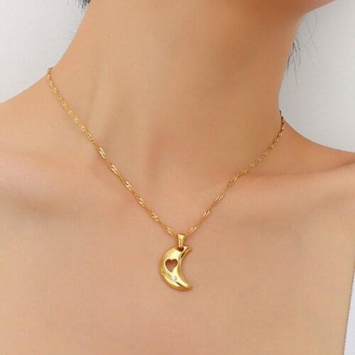 Cute Gold Color Stainless Steel Moon Pendant Necklace For Women Accessories, Hollow Love Crystal Necklaces Woman Chain Jewelry