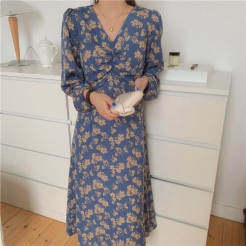 Vintage Midi Birthday Dresses for Women Party Club Korean Fashion Sexy Print Woman Dress Long Sleeve V-neck Vestidos Autumn 2021