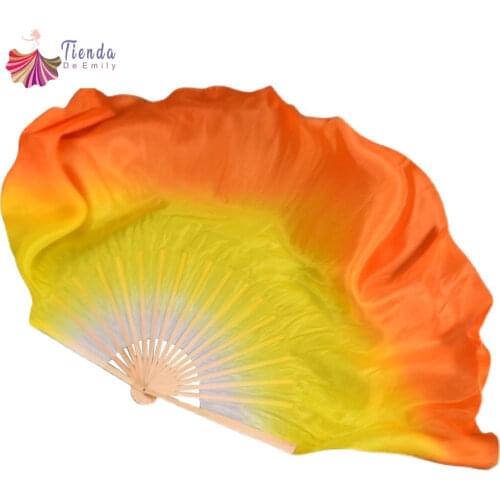 Professional Factory Sell Real Silk Fan Veil Half Circle Belly Dance Short Fan Pairs (1L+1R) White-Yellow-Orange Customized Size
