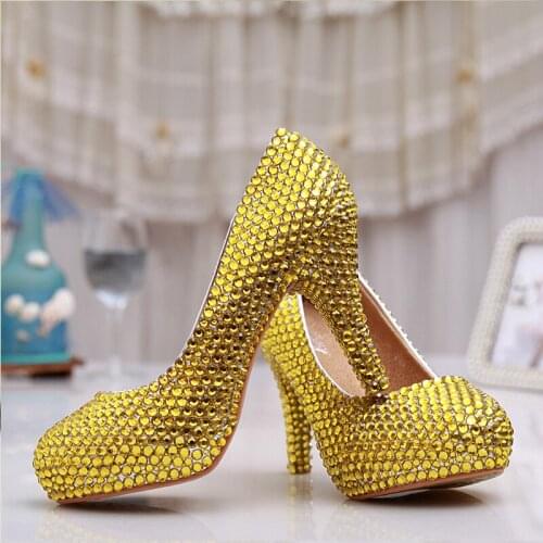 Handmade Sexy Women Gold Rhinestone heels Platforms Bridal Wedding Shoes High Heel Gold Bridesmaid Shoes Party Prom pumps