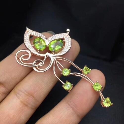 Natural And Real Peridot brooch Free shipping Natural real Peridot 925 sterling silver brooch