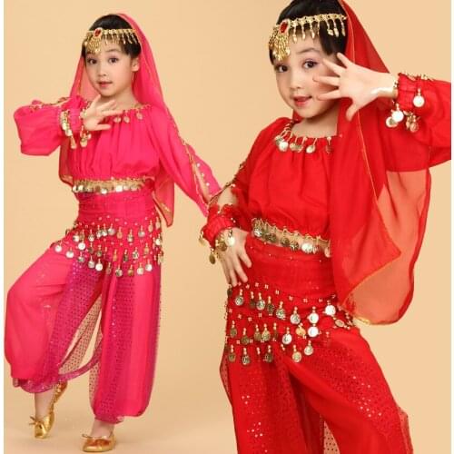 Top+ Trousers +Belt+Veil+Brecelet +Headwear 6 Pcs Children Belly Dance Costume Kids Indian Dancing Costume Bollywood Wear 16