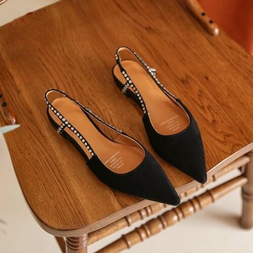 Summer Womens Pumps Kid Suede Pointed Toe Women Shoes size 34-40 Buckle Strap Solid Crystal Slingbacks Sexy Ladies Shoes