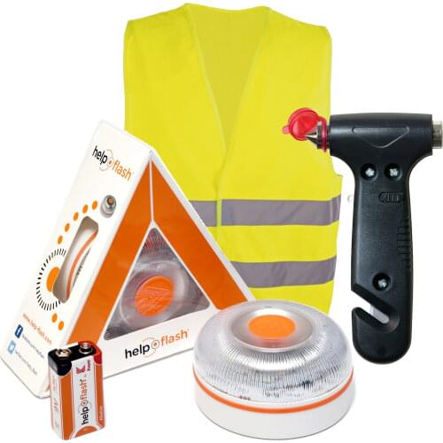 HELP FLASH-standalone emergency light, v16 hazard presenter signal, approved, DGT regulations + Hammer + vest