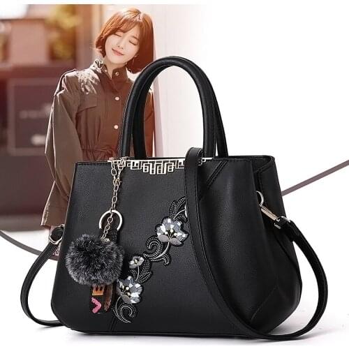 Women bag 2020 Embroidery PU Leather Handbag for Women Girl Messenger Bags with Ball Toy Female Shoulder Bags Ladies Party bag