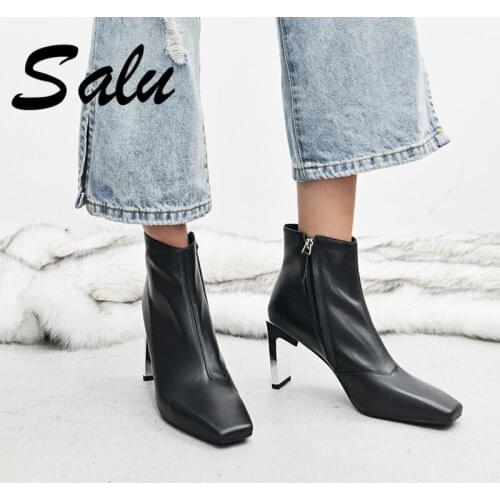 Salu New 2020 Genuine Leather Shoes Women Ankle Boots Brand Square Toe Zipper Spring Autumn Black Size 33 40
