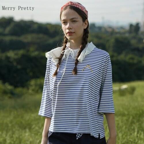 Women Cartoon Embroidery Striped Cotton T Shirts Casual Pullover 2021 Summer Half Sleeve O-neck Lace Patchwork Female Basic Tops