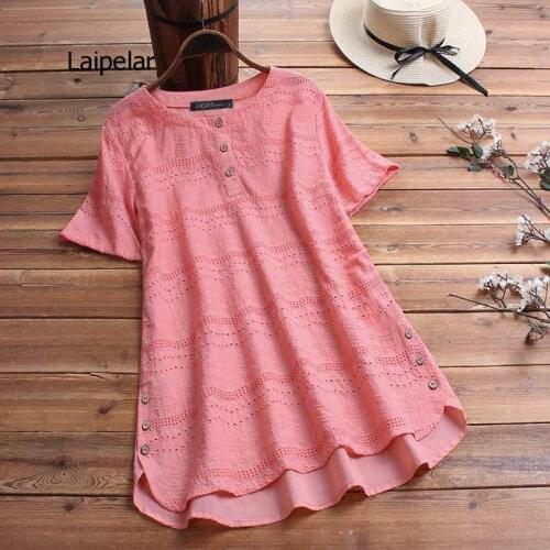 Womens Lace Shirts Fashion 2021 Embroidery Tops Button Short Sleeve Shirts Female Asymmetrical Plus Size Tunic