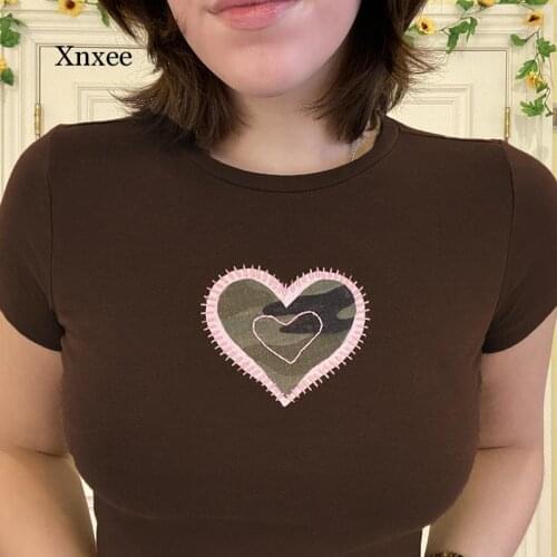 Heart Embroidery Y2K Aesthetic 90S Crop Tops Women Crewneck Harajuku Casual Brown Tshirts Vintage Fashion Shirts Clothing 2021
