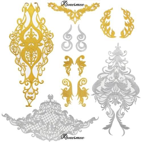 1Pc Large Gold Silver Thread Embroidery Auspicious Cloud Corsage Collar Flower Evening Dress Baroque Cloth Applique Lace Iron on