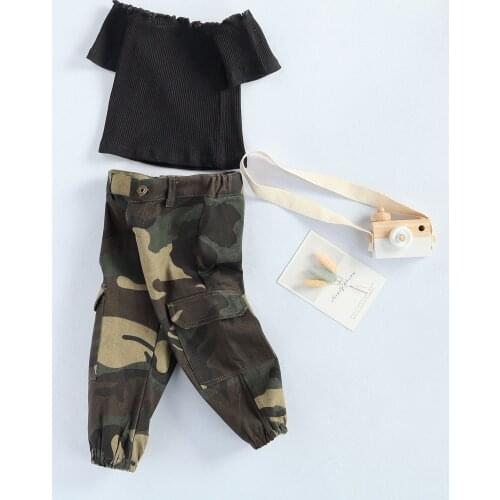 3 Style 1-6Y Fashion Infant Baby Girls Clothes Sets Off Shoulder T Shirts Tops+Camouflage Pants 2pcs