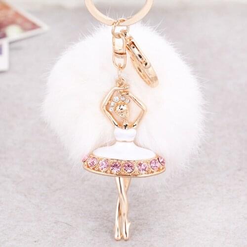 Beadsland Cute Crystal Ballet Girls Fur Ball Keychain Euramerica Fashionable Women Key Buckle Handbag Car Key Party Decoration
