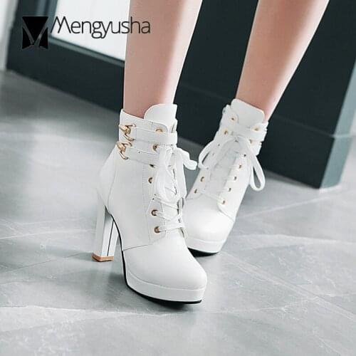 European winter leather platform boots women white pink botas big size 34-43 cross-tied metal buckle high heels chelsea booties