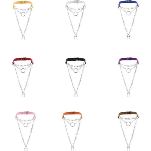 Women Gothic Punk Faux Leather Choker Chain Padlock Pendant Necklace Harajuku O-Ring Multilayer Jewelry Collar Clubwear