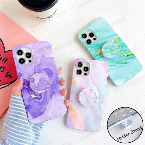 Gradient Marble Stand Holder Phone Case For iPhone 12 11 Pro Max XR XS Max 7 8 Plus SE 2020 Airbag Bracket Protective Back Cover
