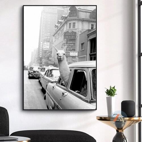New York City Taxi Animal Canvas Modern Abstract Funny Alpaca Posters And Murals Living Room Decoration Painting No Frame