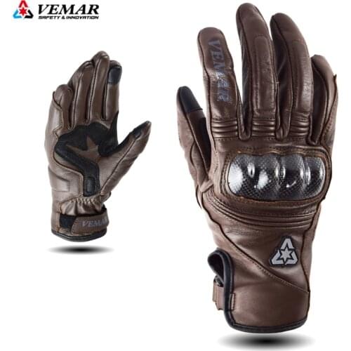 VEMAR Mens Motocross Leather Glove Full Finger Moto MTB Dirt Bike Goatskin Glove Touch Screen Motorcycle Street Equipment Brown