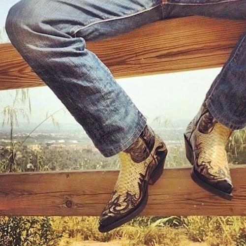 Python Western Boot Colorblock Embroidery Men Boots Fashion Modern Shoes A66