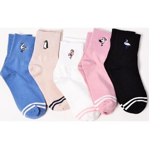 Embroidery Birds Socks Swan Penguin Flamingo Seagull Women Dove Stripes Soft Comfortable Socks Female Cotton Spring Fall Meias