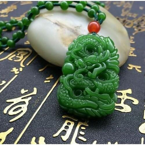 Chinas natural hand carved jade dragon pendant, agate necklace