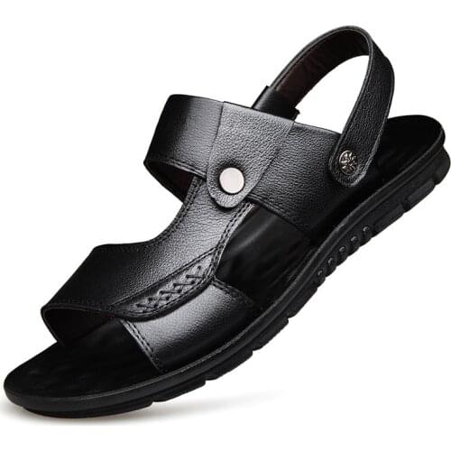Mens Sandals Leather Summer Beach Shoes Mens Non-Slip Casual Thick-Soled Top Layer Leather Slippers Breathable Casual Sandals