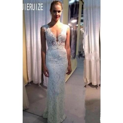 JIERUIZE Sexy Column Wedding Dresses V Neck Cap Sleeve Zipper Back Full Lace Beach Bridal Gown Wedding Gowns Robe De Mariee