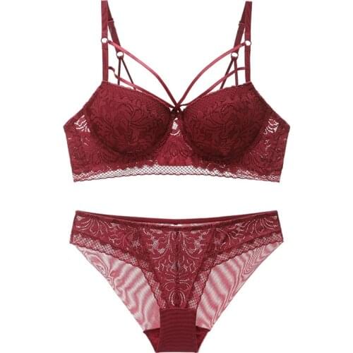 Sexy Lace Push Up Bra Set Underwear with Bandage Medium Padded Broadside Floral Pattern Set Lingerie for Women Bra & Brief Sets