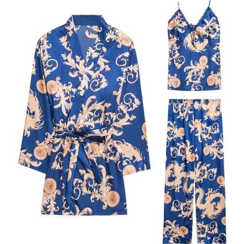 Ice Silk Silk Pajamas Womens Spring Summer Robe Printed Home Service Lightweight Three-piece Suit Flower Ladies Pajamas Suit