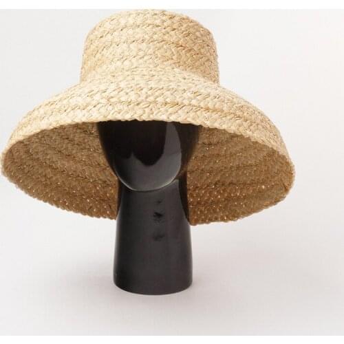 Ladies Outdoor wide brim Sun hat Sunscreen Summer Hats for Women Retro Flat Hand-made Straw Hat real Raffia travel Beach Hat