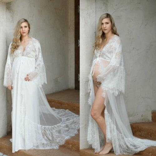 Maternity Wedding Dresses Sexy V Neck Long Sleeves Lace Robes Bathrobe Custom Made See Through Sweep Train Maternity Robes
