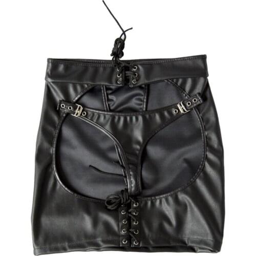 Wet Look PU Leather Skirt Exposes Back Side Spanking Mini Skirt Paddle Attach G-String Bondage Erotic Dance Stage Club Wear