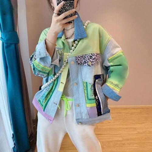 Woman Chic Denim Jacket Hit Color Print Patchwork Lapel Collar Long Sleeve Loose Streetwear Style Cowboy Coat 2021 New Summer