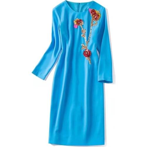 European and American womens wear new autumn 2022 Long-sleeved sequin flower Fashion round collar Black and blue dress