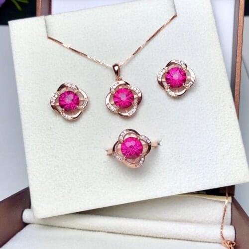 Natural pink garnet gem jewelry sets natural gemstone Pendant ring Earrings 925 silver Elegant Clover women anniversary jewelry