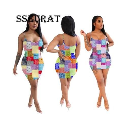 SSEURAT Women Print Mini Dress Sexy Night Summer Spaghetti Strap Bodycon Midi Dresses