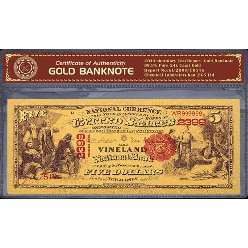 United States Gold Banknote 1875 Years USD 5 Dollar Banknote Gold Plated Fake Paper Money Usd Money Replica For Collection