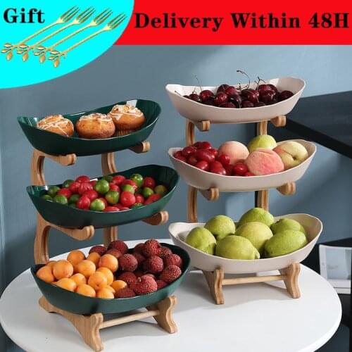2/3 Tiers Plastic Fruit Plates with Wood Holder Oval Serving Bowls for Party Food Server Display Stand Fruit Candy Shelves