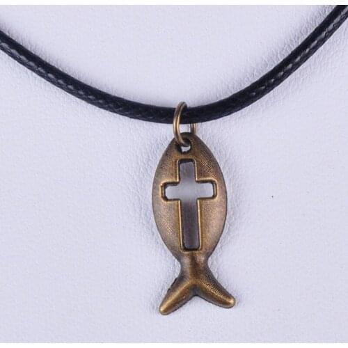 20*8MM Vintage bronze antique cross fish pendant necklace women wax cord rope necklace jewelry fashion alloy jewellery
