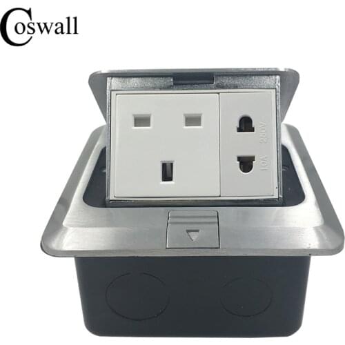 Coswall All Aluminum Silver Panel 13A UK Standard + 2 Hole Pop Up Floor Socket Power Outlet AC 110~250V