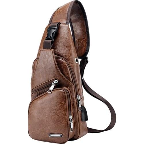 Mens Crossbody Chest Bags Waist Bags Mens USB Charging Headphone Plug Leather Shoulder Bag Diagonal Package New 2020