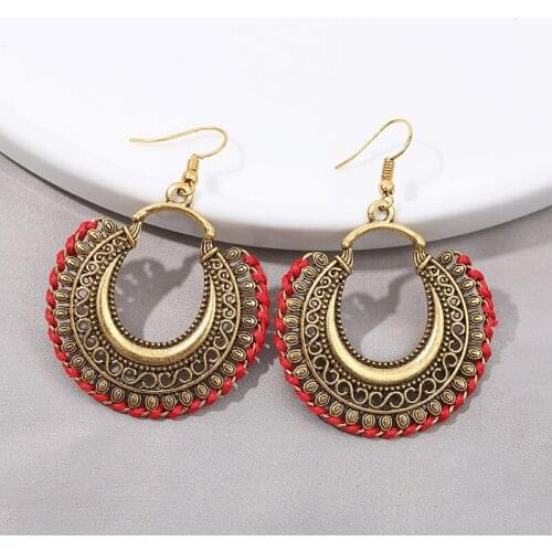 Ethnic Gold Alloy Dangle Earrings For Women Handmade Gypsy Vintage Blue Line Moon Carved Earrings Indian Earrings