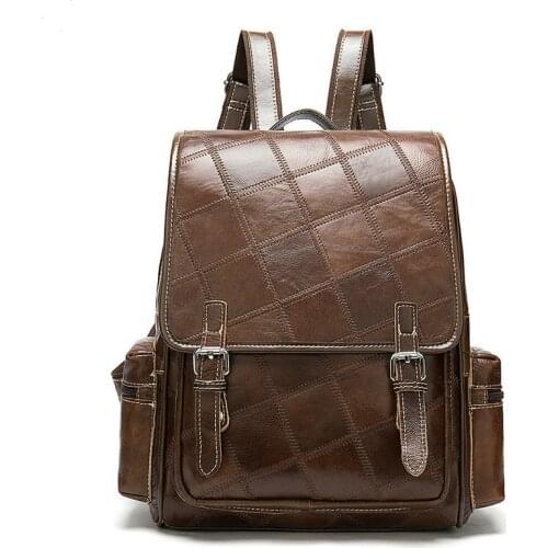 European and American retro stitching plaid brown leather ladies backpack ladies casual leather top layer cowhide handbags