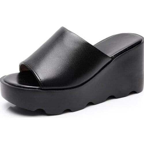 Hot 2020 New Summer Fashion Open Toe 8cm High Heel Sandals Top Soft Cowhide Women Leather Slippers Non-slip Thick Bottom Sandals