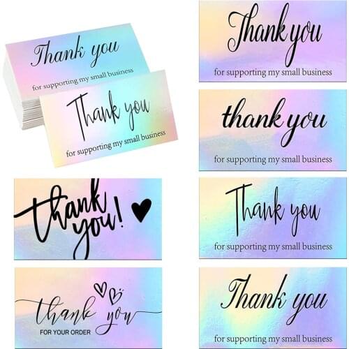 50pcs/pack laser thank you card for supporting business package decoration business card 6 styles Rainbow card stock