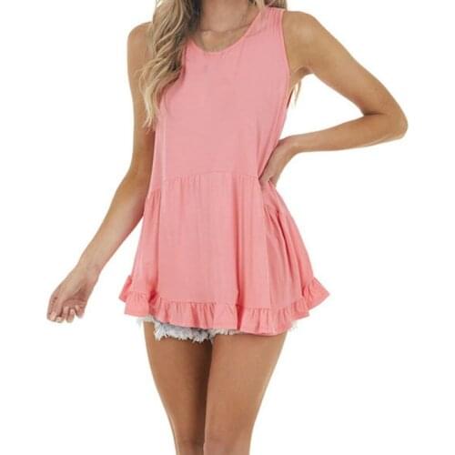 Summer New Casual All-Match Round Neck Sweet T-Shirt Solid Color Slim Sleeveless Ruffled Camisole Ladies Sling Top Blouse