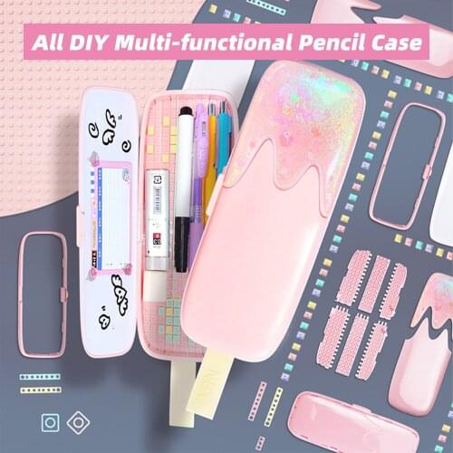 Multi-functional Cute Pencil Box DIY Assembled Pencil Case Ice Cream Quicksand Stationery Storage Holder Organizer Box for Teen